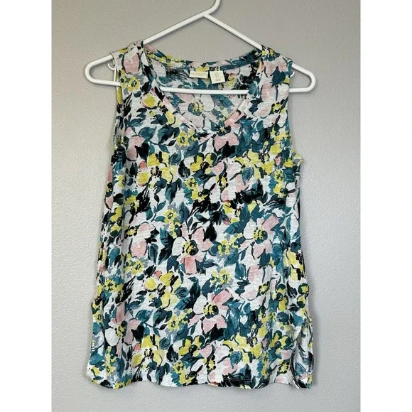 St. Tropez Floral 100% Linen Women's Tank Top Small. Breathable Travel Summer - Picture 1 of 5